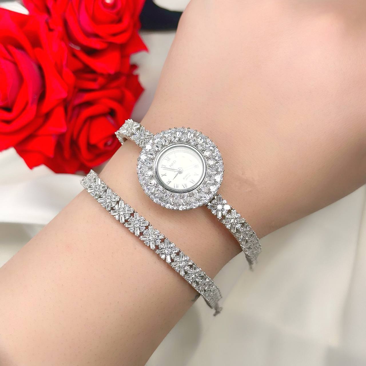 ست ساعت و دستبند نقره جواهری زنانه کد 80129