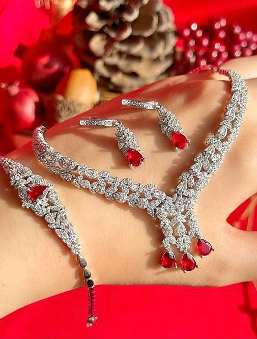 سرویس نقره مجلل یاقوت سرخ جواهری زنانه کد 60232