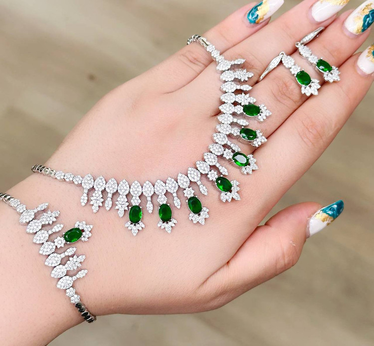 سرویس نقره زمرد جواهری زنانه کد 60277