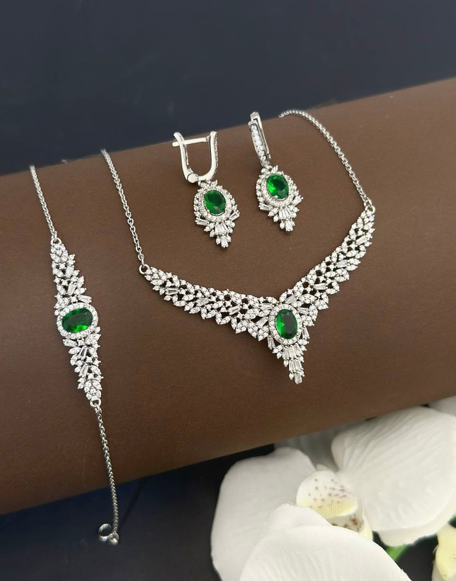 سرویس نقره زمرد جواهری زنانه کد 60715