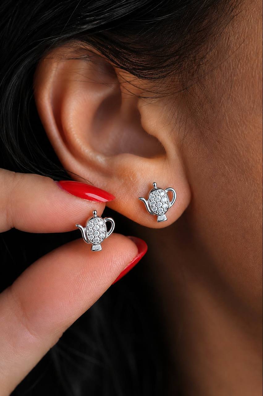 گوشواره نقره وارداتی قوری جواهری زنانه کد 0218